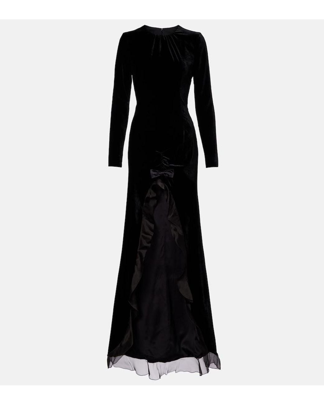 Alessandra Rich Black Ruched Silk-Trimmed Asymmetric Velvet Gown
