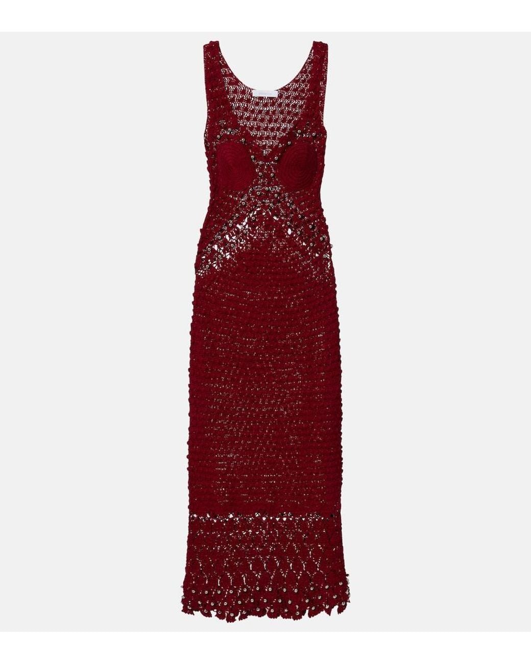 Rabanne Red Embellished Crochet Cotton Midi Dress