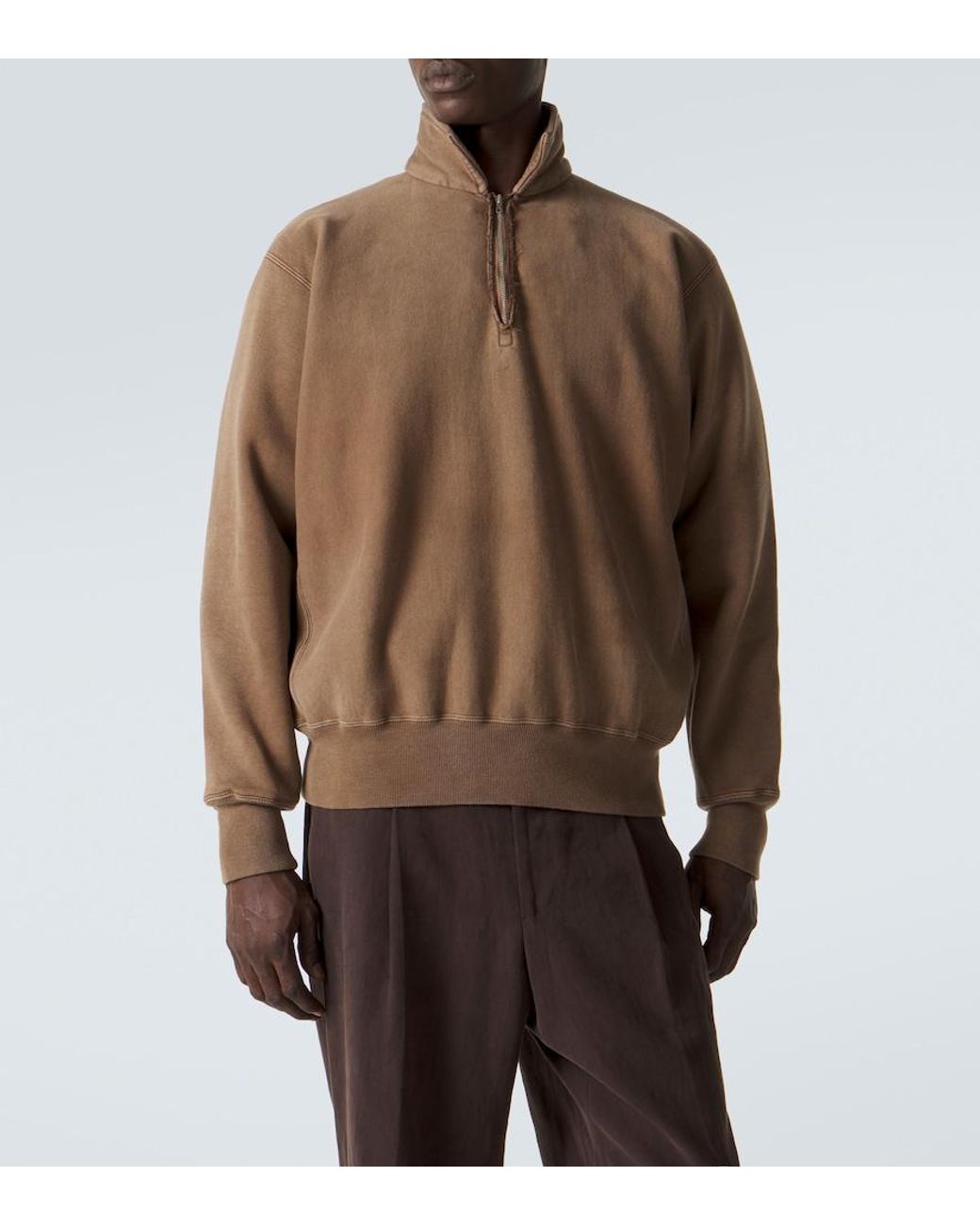 A.PRESSE Brown Cotton Fleece Half-Zip Sweatshirt for men