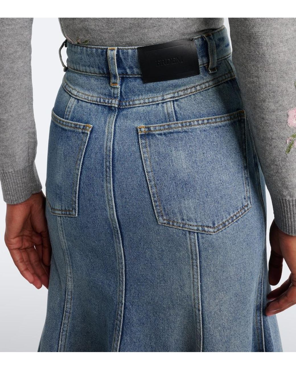 Erdem Blue Floral-Applique Denim Midi Skirt