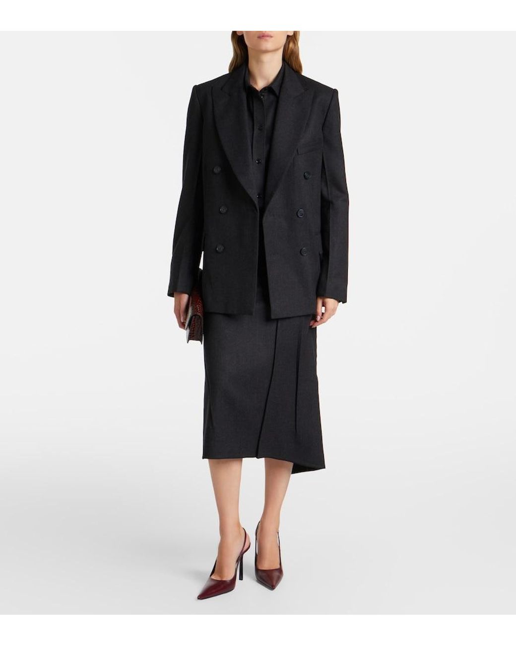 Victoria Beckham Black Draped Virgin Wool Midi Skirt