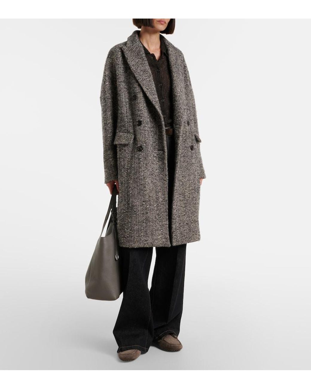 Brunello Cucinelli Gray Herringbone Wool-Blend Coat