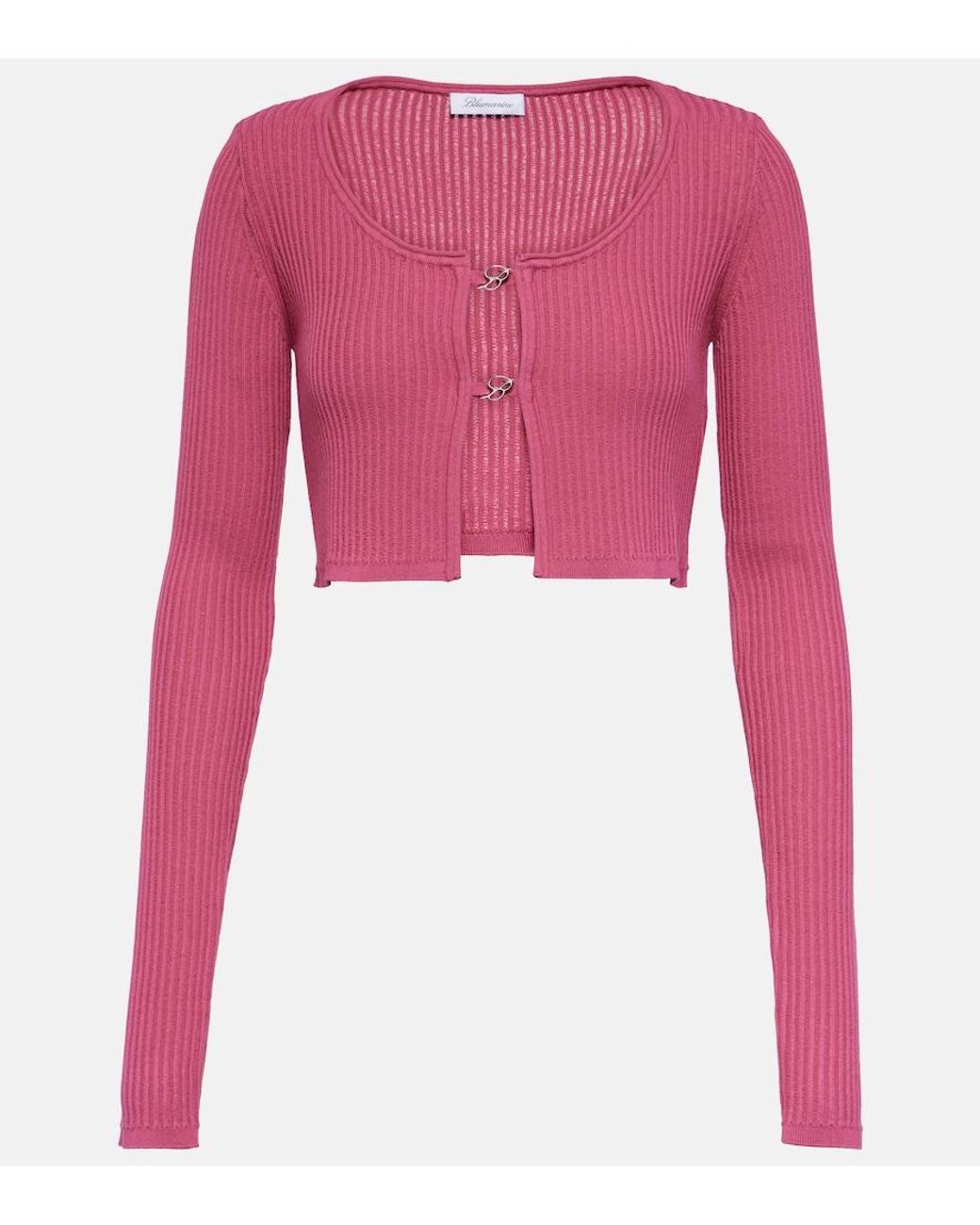 Blumarine Pink Logo Ribbed-Knit Cropped Cardigan