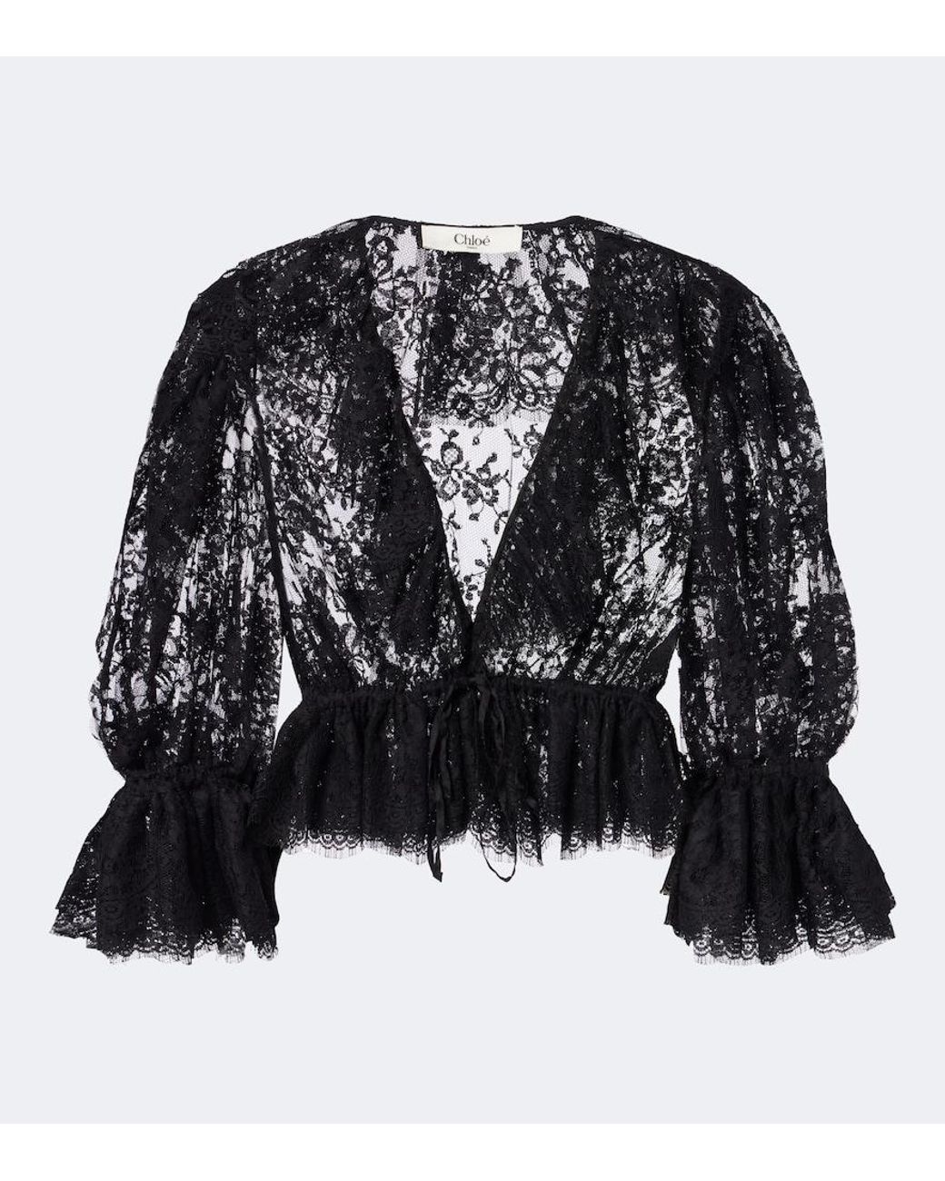 Chloé Black Semi-Sheer Cotton-Blend Lace Blouse