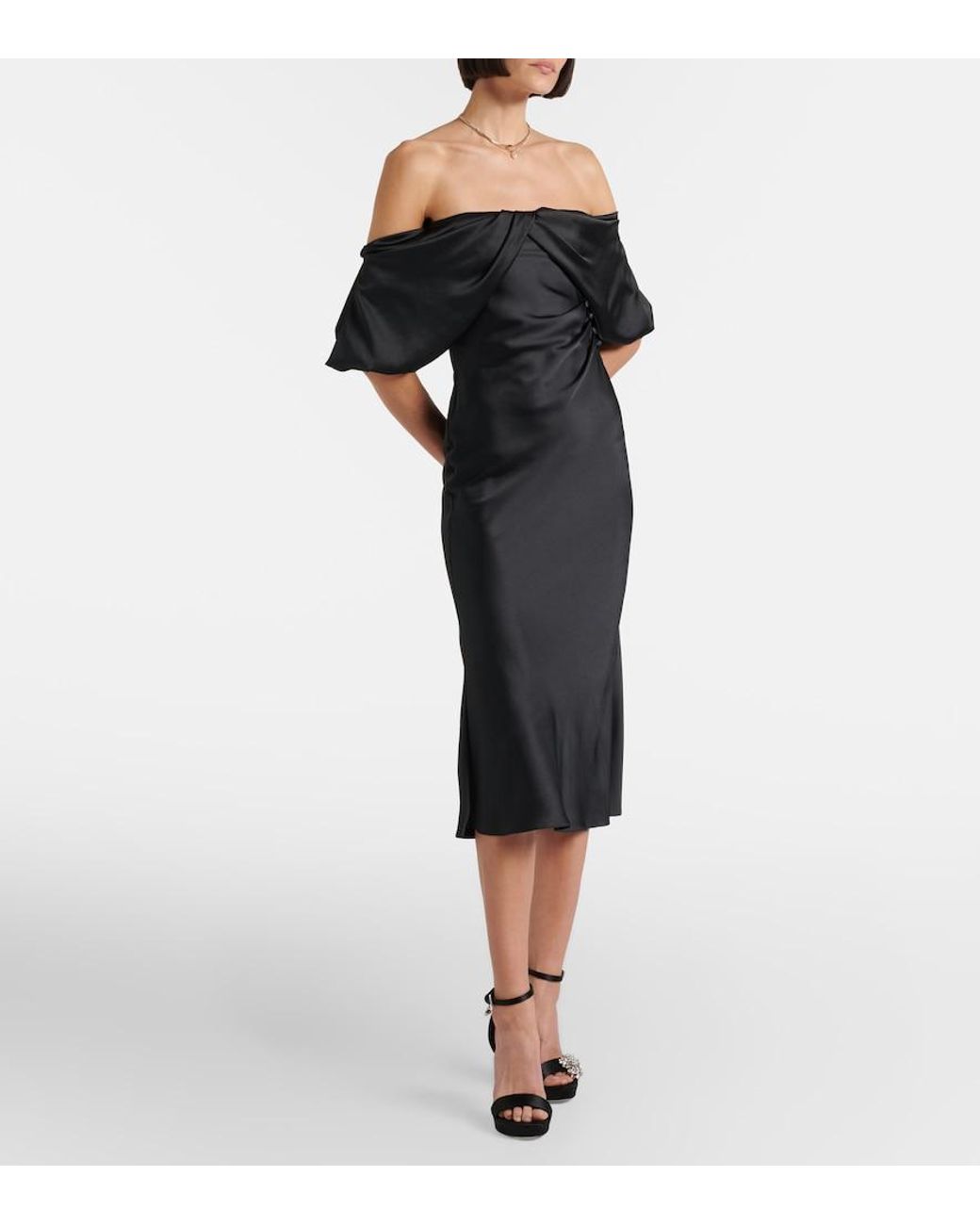 McQueen Draped Off-Shoulder Satin Midi Dress in Black | Lyst