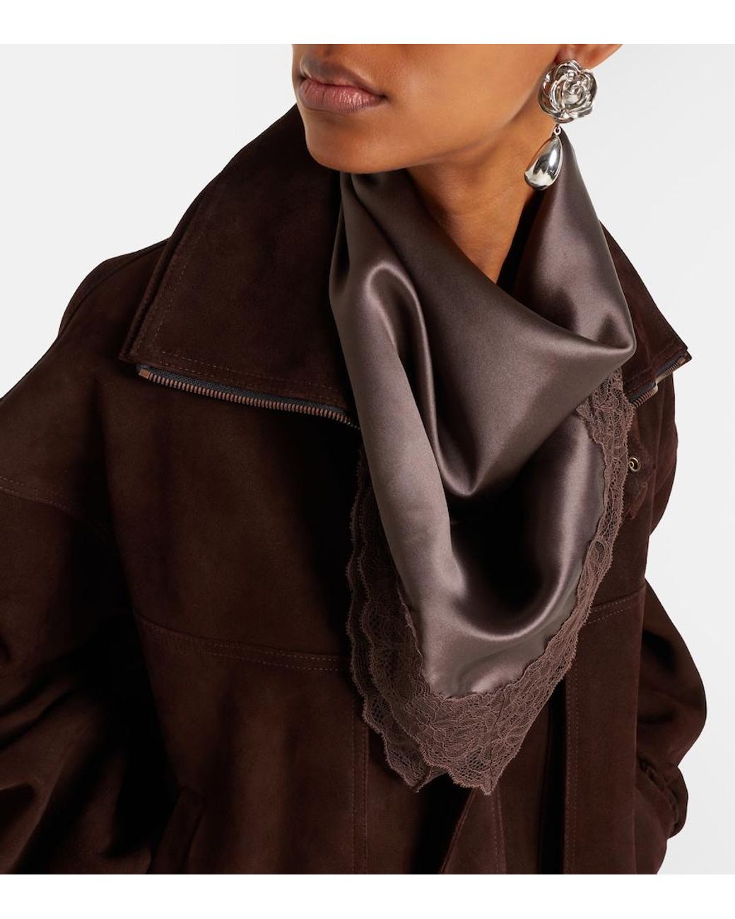 Magda Butrym Brown Lace-Trimmed Silk Satin Scarf