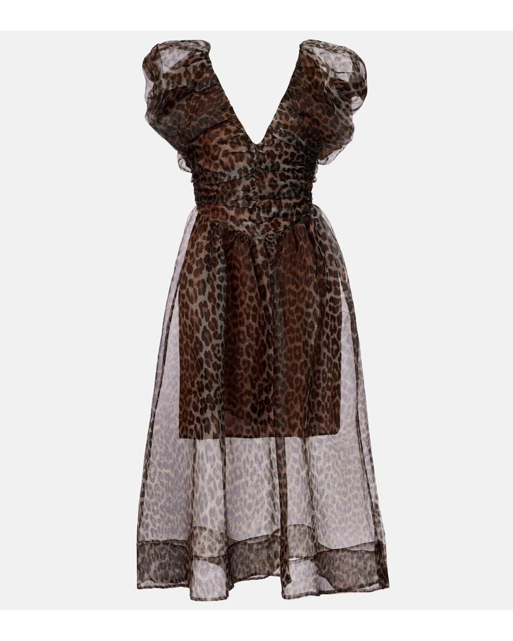 Ganni Brown Leopard-Print Organza Midi Dress