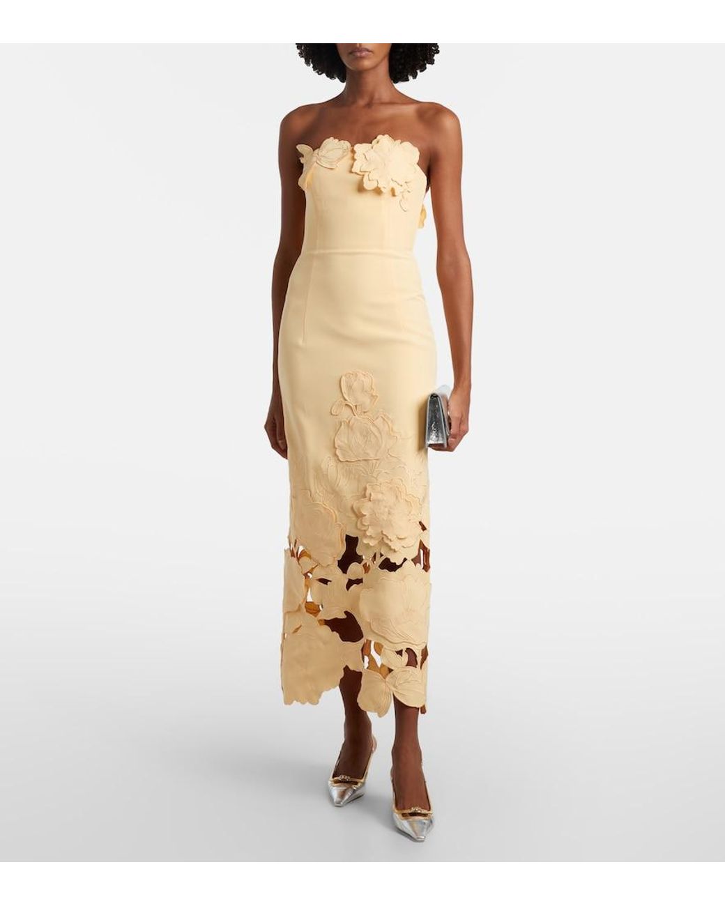 LEO LIN Metallic Rayna Floral-Applique Strapless Midi Dress