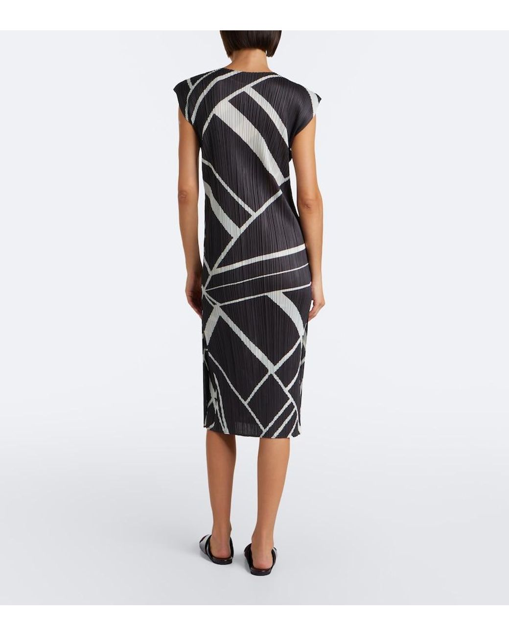 Pleats Please Issey Miyake Black Fold Line Pleated Printed Midi Dress