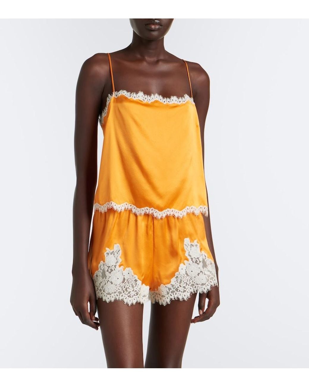 Doen Yellow Loure Lace-Trimmed Silk Satin Camisole