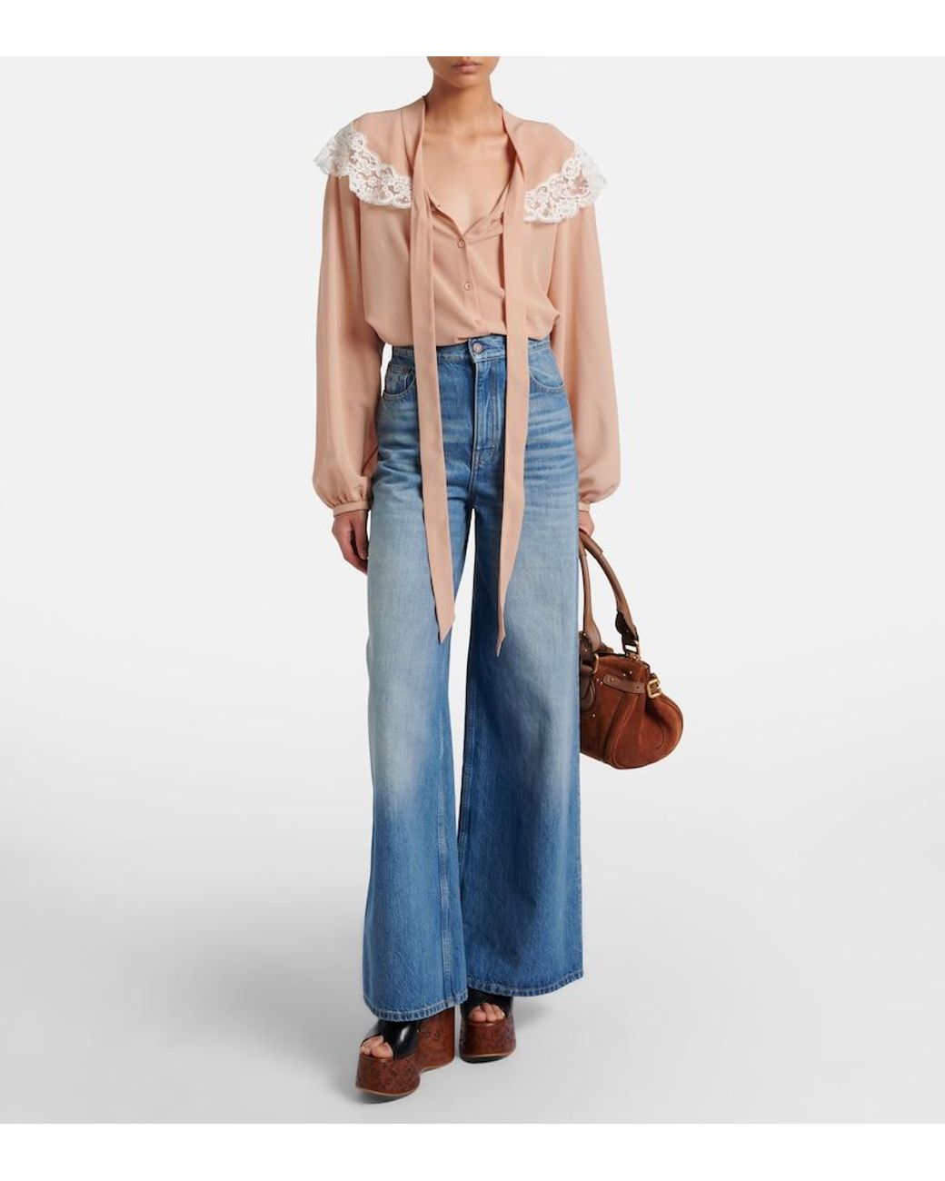 Chloé Natural Lace-Trimmed Silk Georgette Blouse
