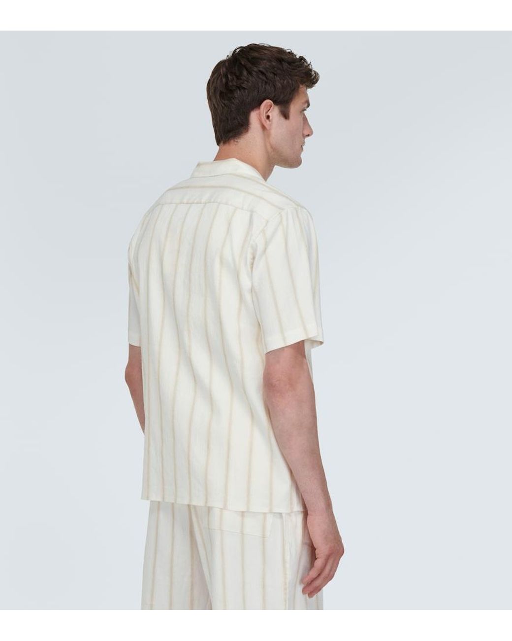 Commas White Striped Linen-Blend Bowling Shirt for men