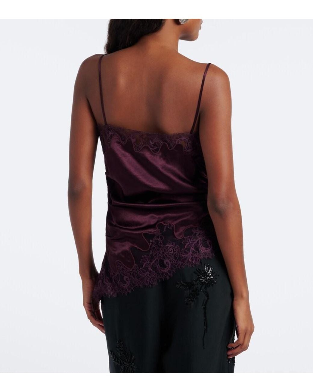 JACQUES WEI Purple Ruched Lace-Trimmed Satin Camisole