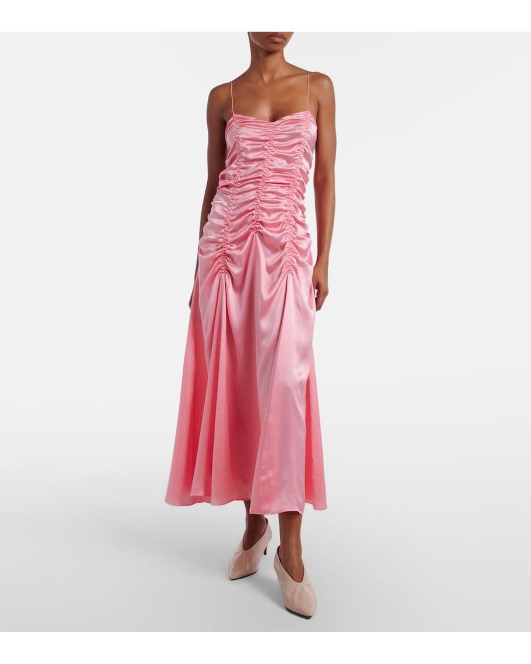Khaite Pink Raina Ruched Silk Satin Midi Dress