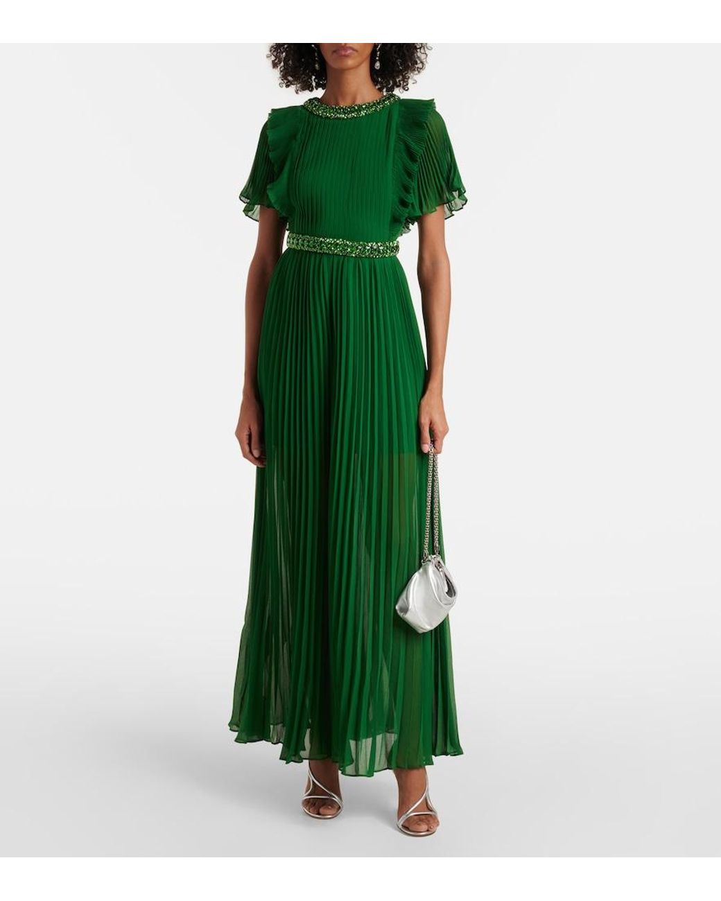 Self-Portrait Green Crystal-Embellished Ruffled Gown