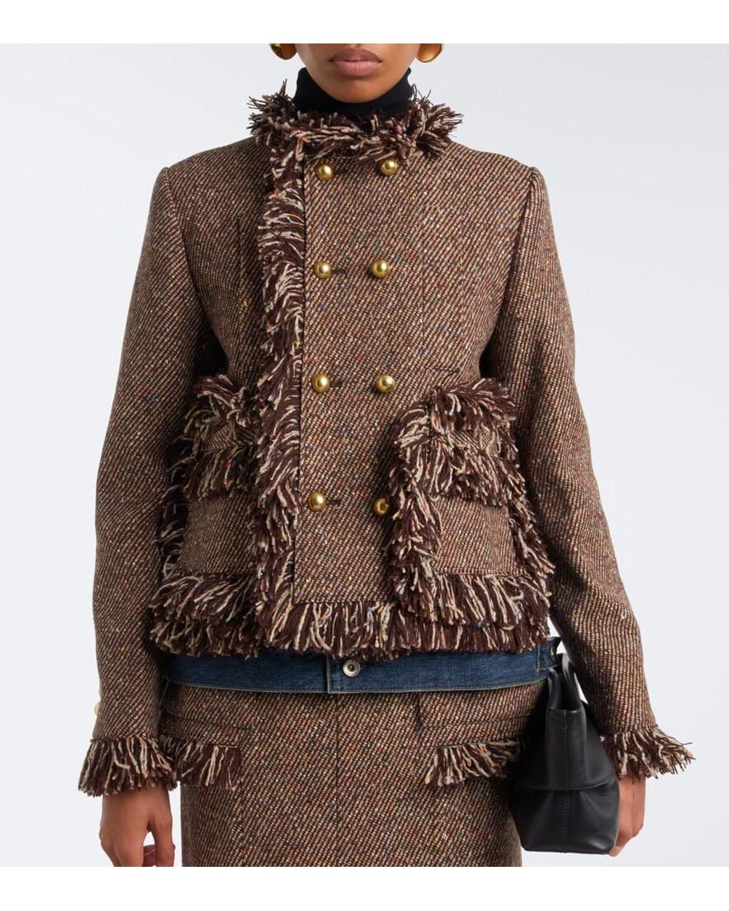 Sacai Brown Fringed Tweed And Denim Jacket