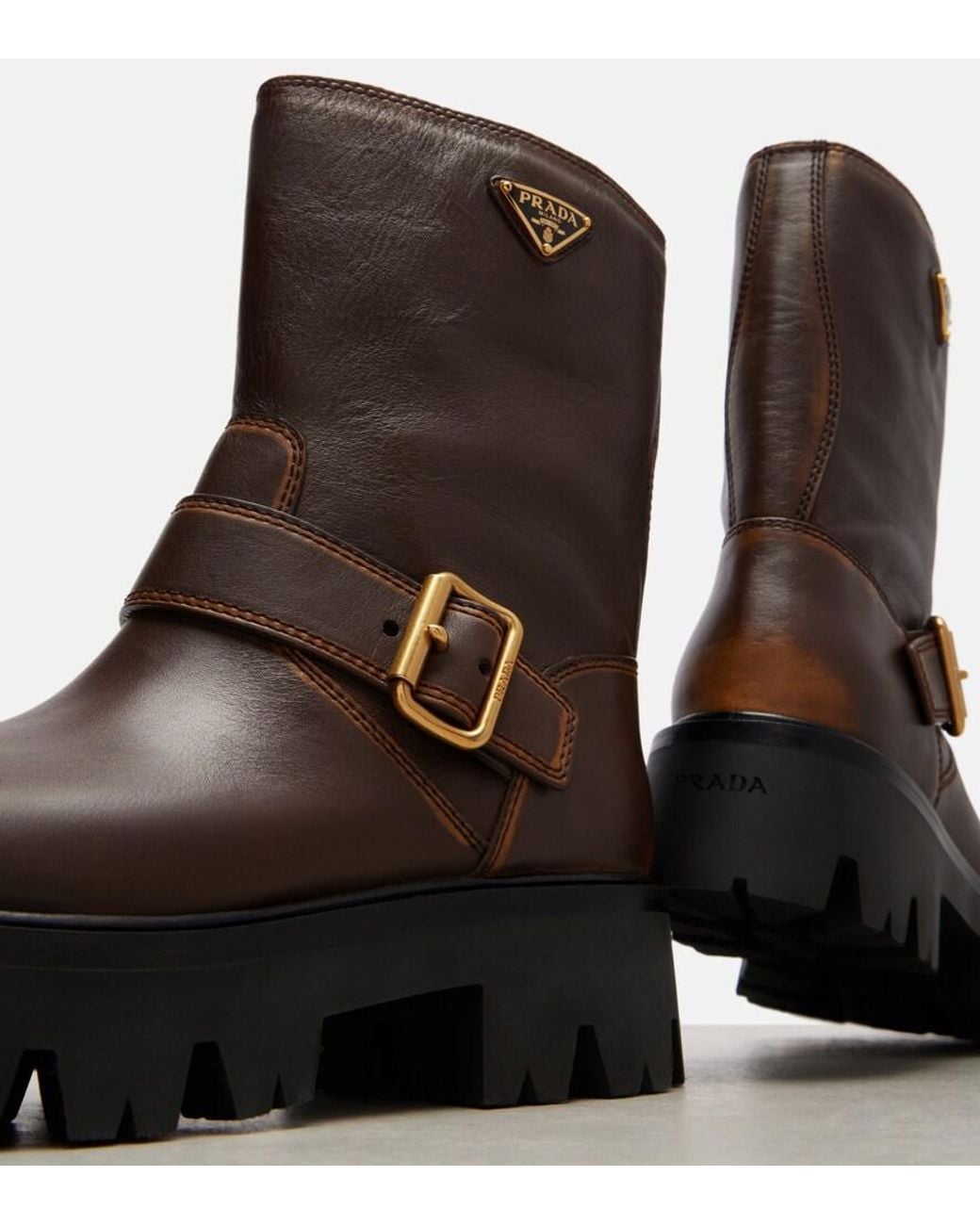 Prada Brown Bikerstiefel Aus Leder