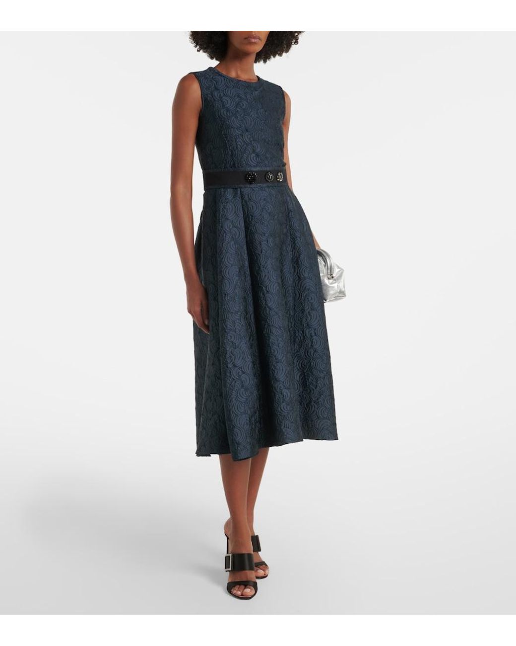 Max Mara Blue Belted Jacquard Midi Dress