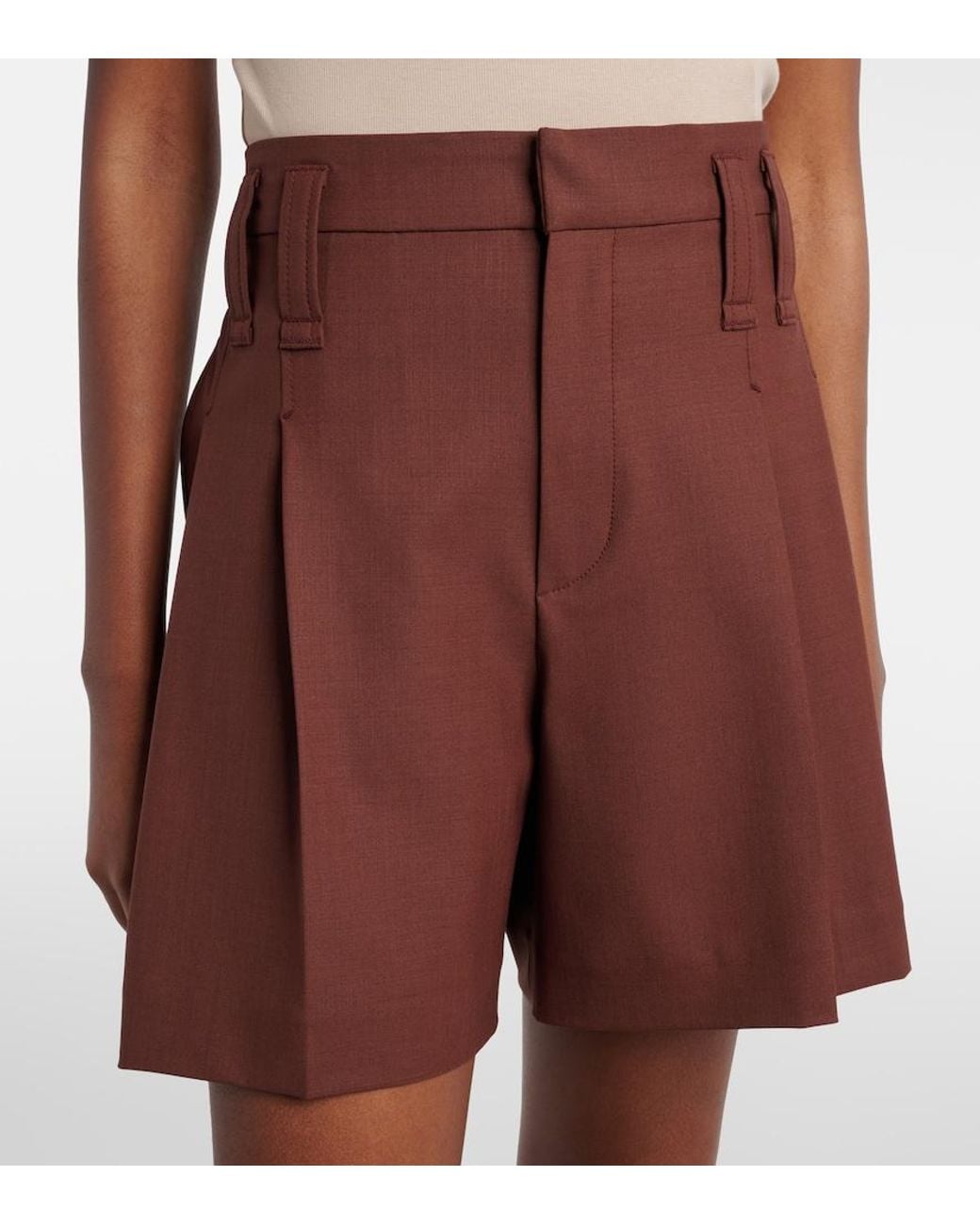 Brunello Cucinelli Red Monili Pleated Wool-Blend Shorts