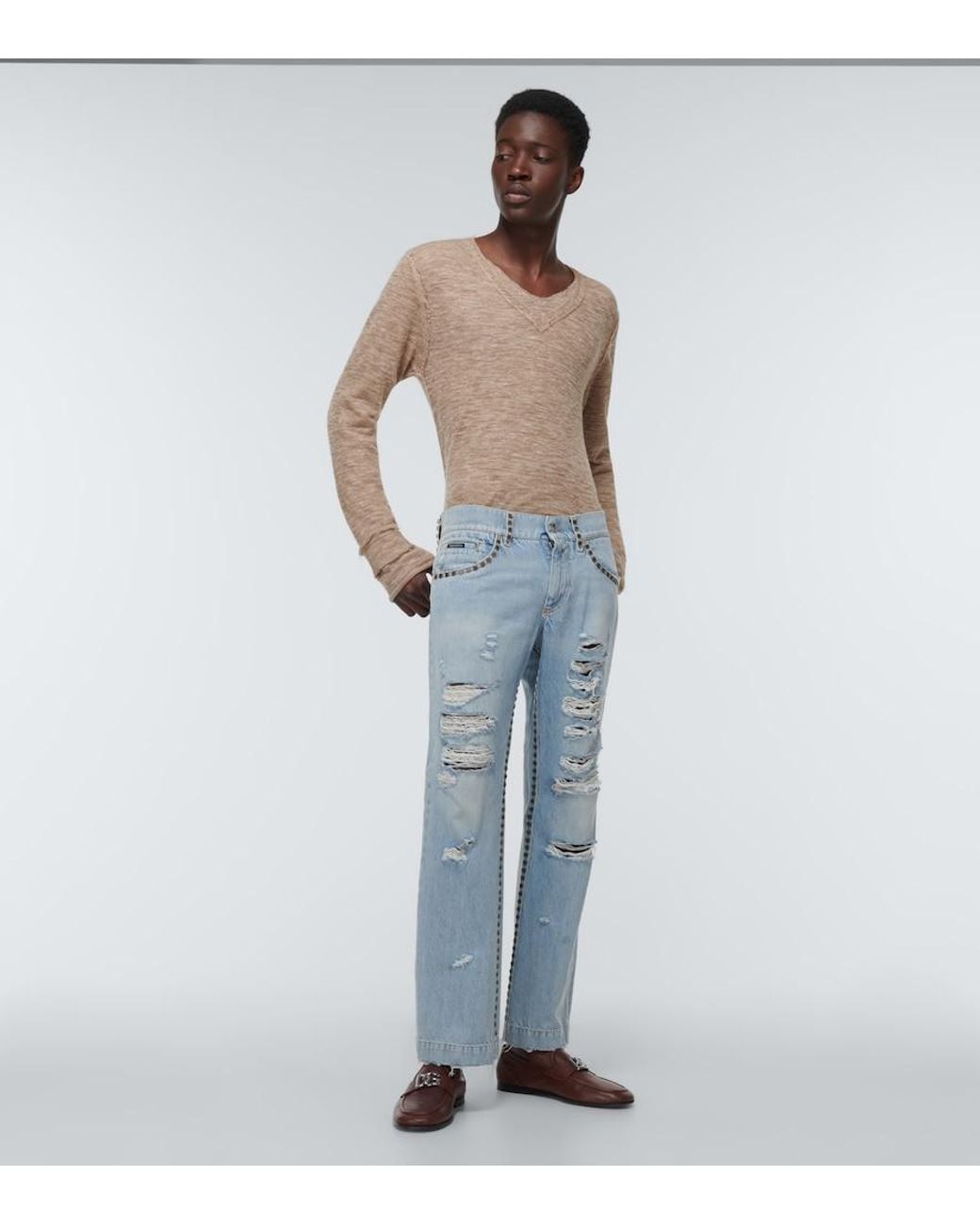 Dolce & Gabbana Blue Distressed Mid-Rise Straight Jeans for men