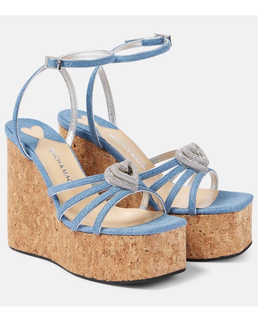 Mach & Mach Blue Double Heart Denim Wedges