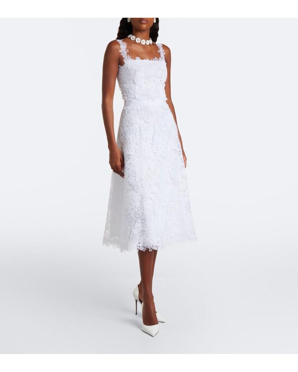 Carolina Herrera White Floral Guipure Lace Midi Dress