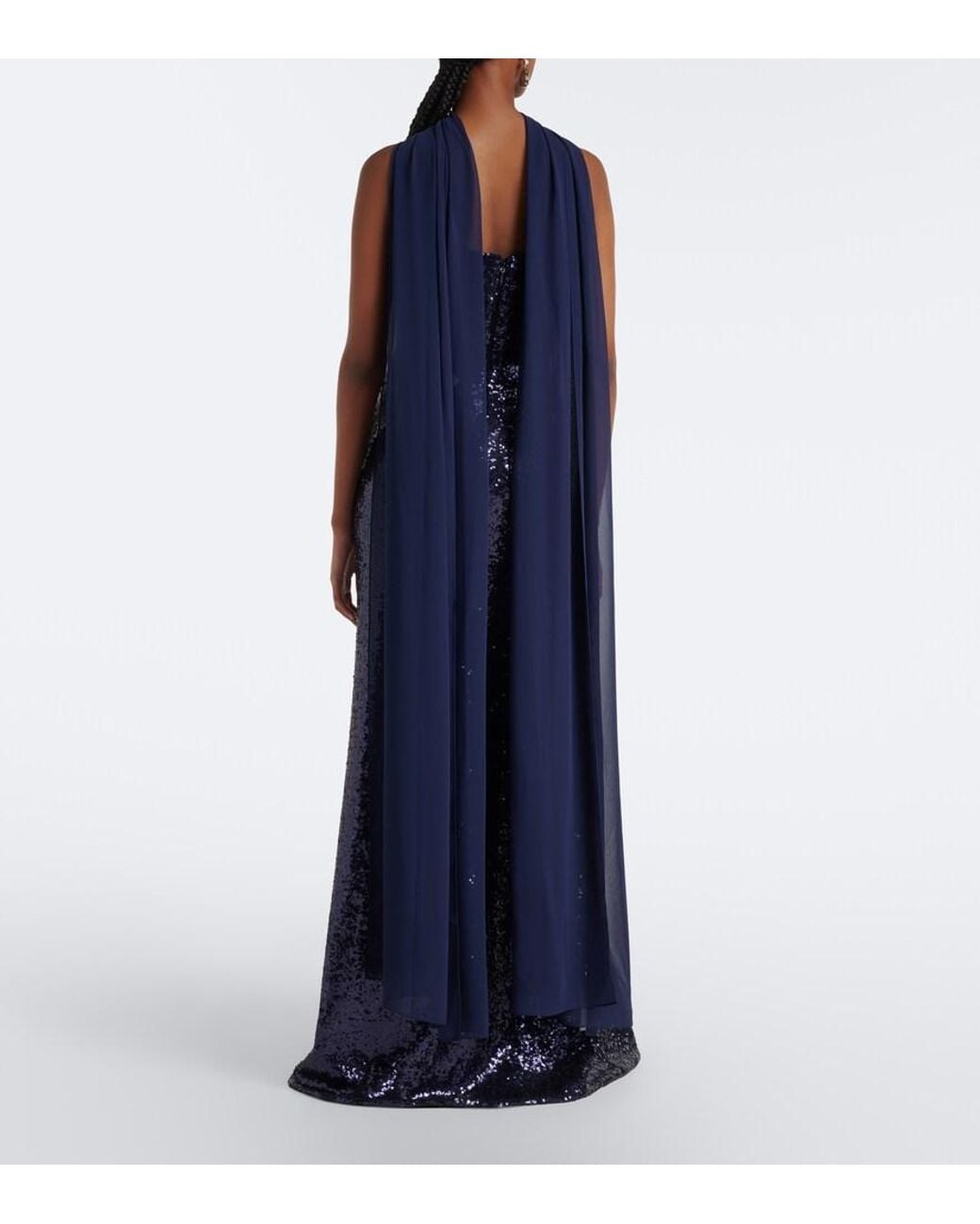 Costarellos Blue Scarf-Detail Sequined Bustier Gown