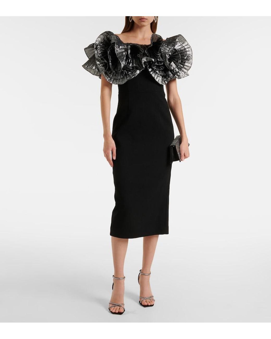Rebecca Vallance Black Lumi Frill-Detail Midi Dress