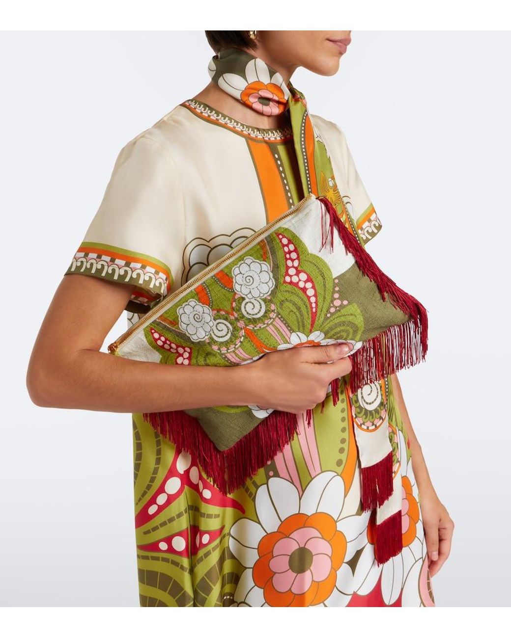 LaDoubleJ Green Fringed Printed Cotton Canvas Pouch