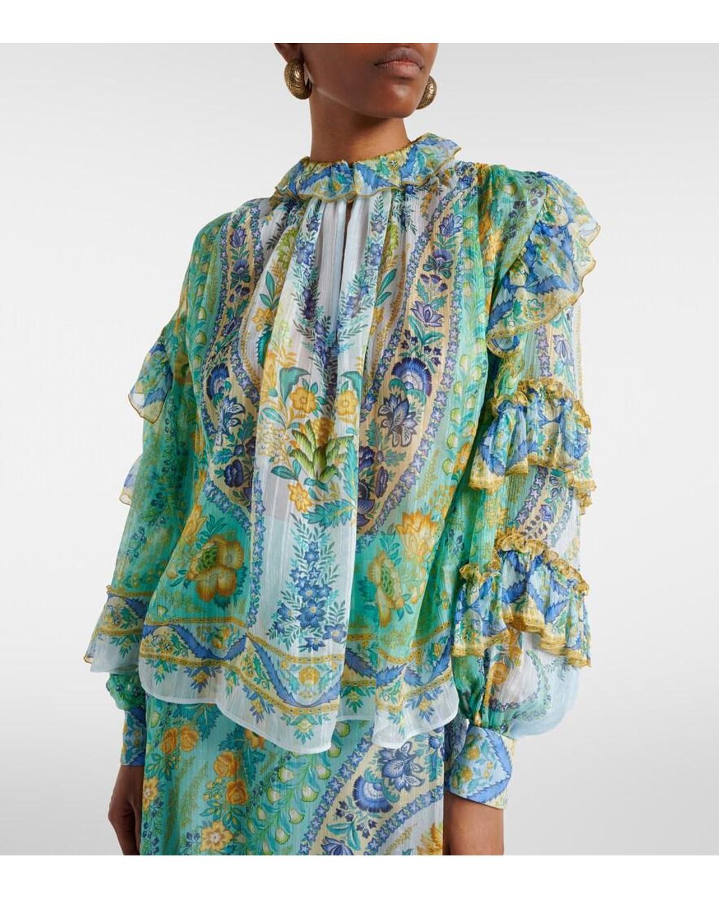 Etro Green Floral Ruffled Silk Blouse