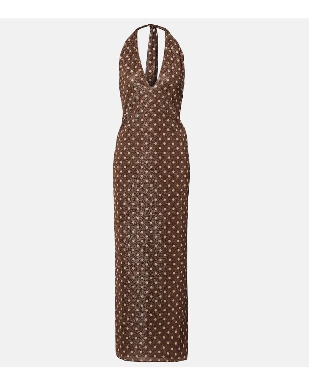 Oseree Brown Lumiere Polka-Dot Halterneck Maxi Dress