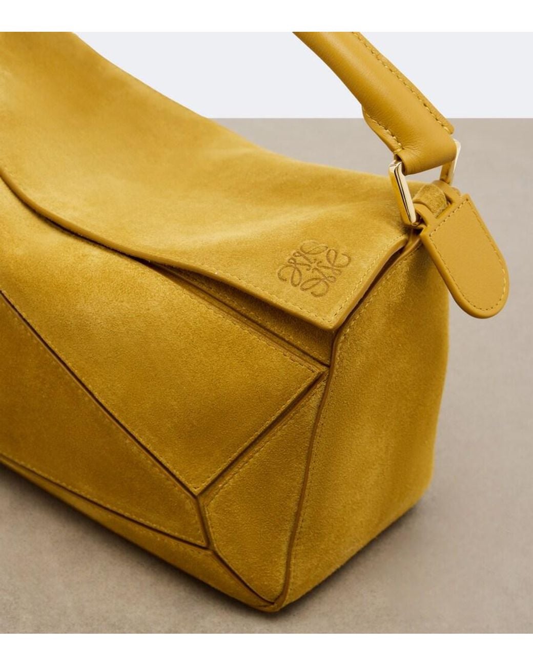 Loewe Yellow Featherlight Puzzle Small Suede Top-Handle Bag
