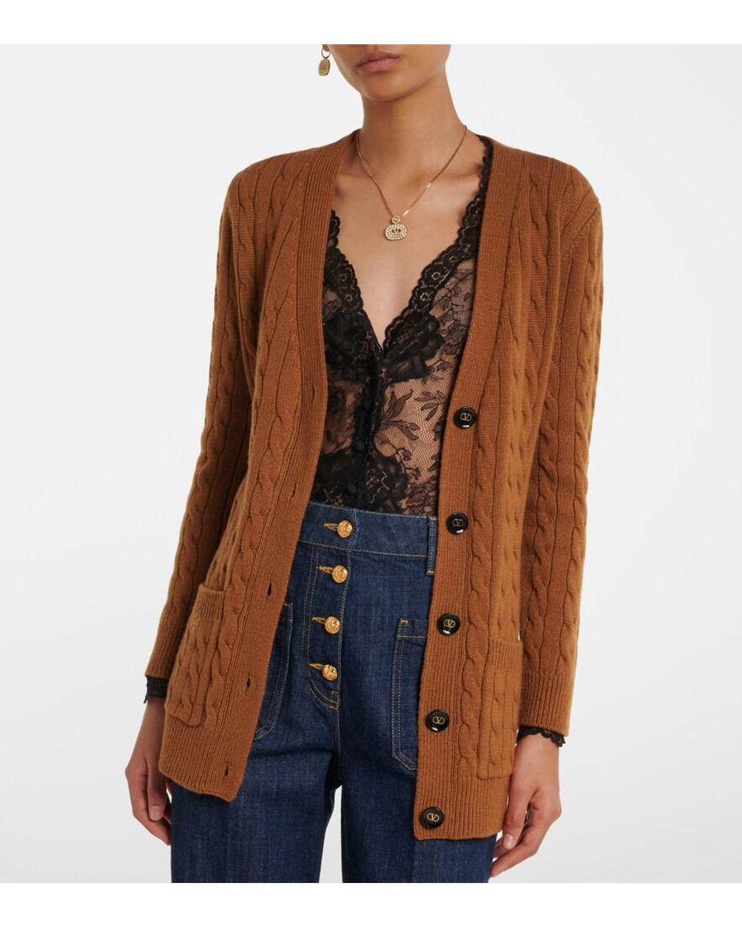 Valentino Garavani Brown Cable-Knit Cashmere Cardigan