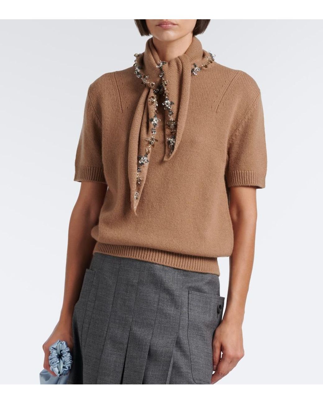 Prada Brown Embellished Tie-Neck Cashmere Sweater