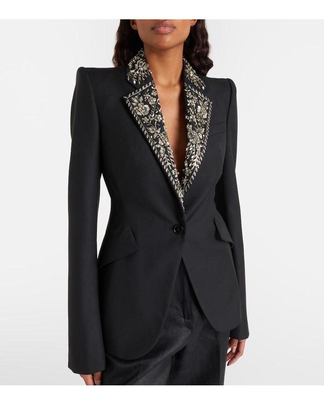 McQueen Black Embellished Wool Grain De Poudre Blazer