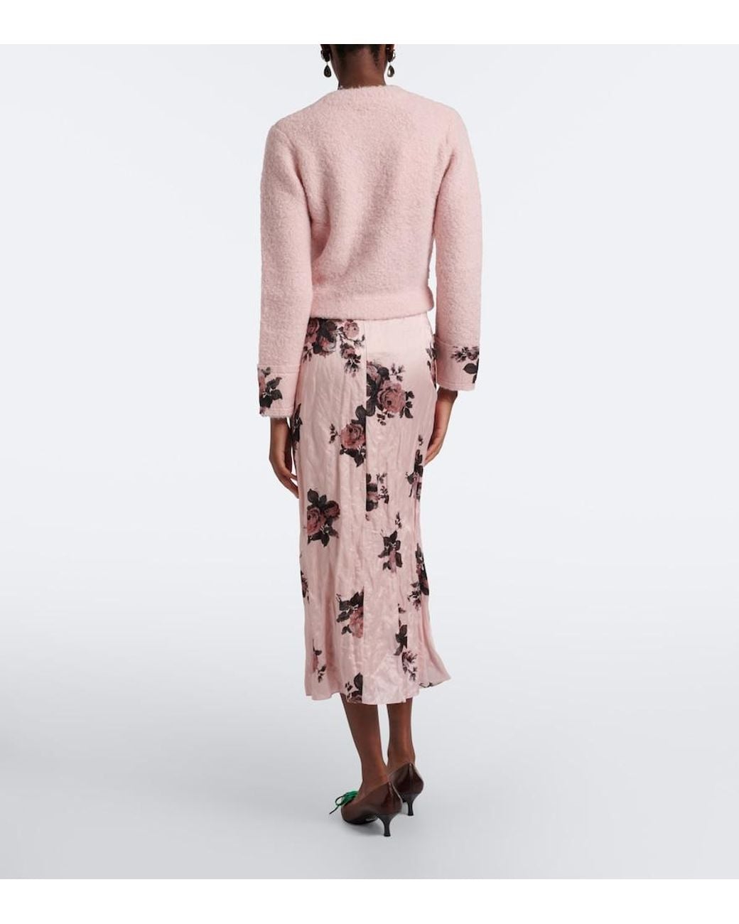 Erdem Pink Floral Satin Midi Skirt
