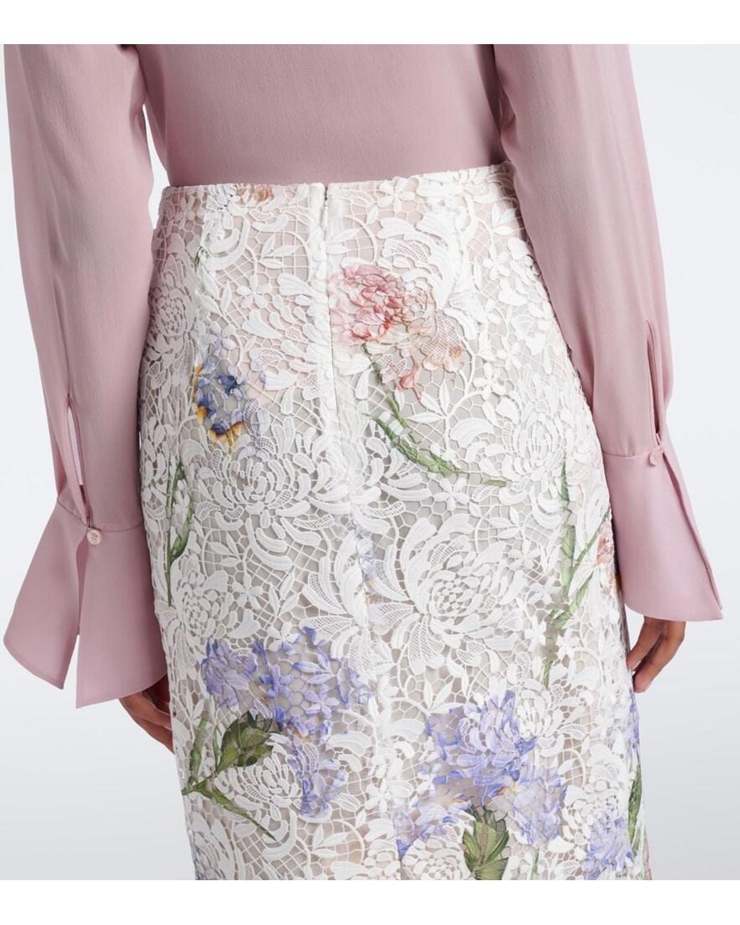 Oscar de la Renta White Floral Guipure Lace Midi Skirt