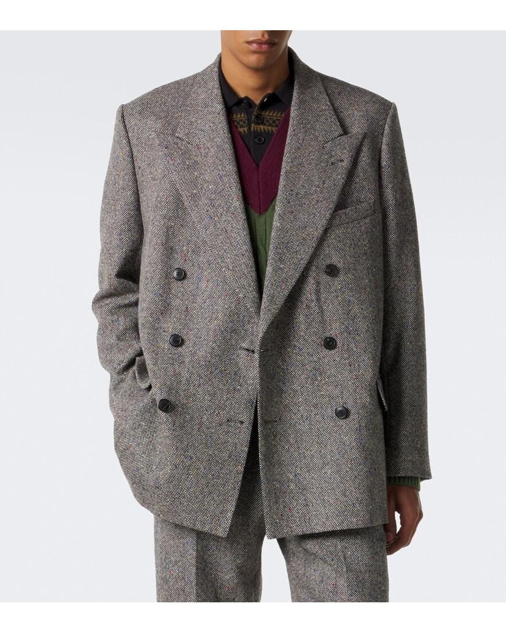 Dries Van Noten Gray Checked Double-Breasted Wool Blazer for men