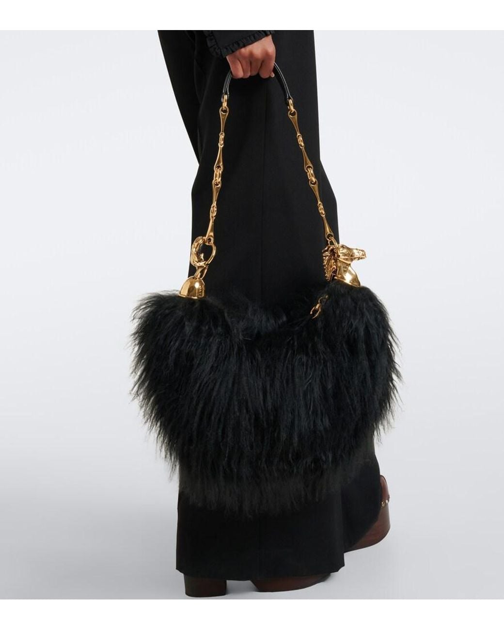 Chloé Black Chain Horse Large Shearling Shoulder Bag