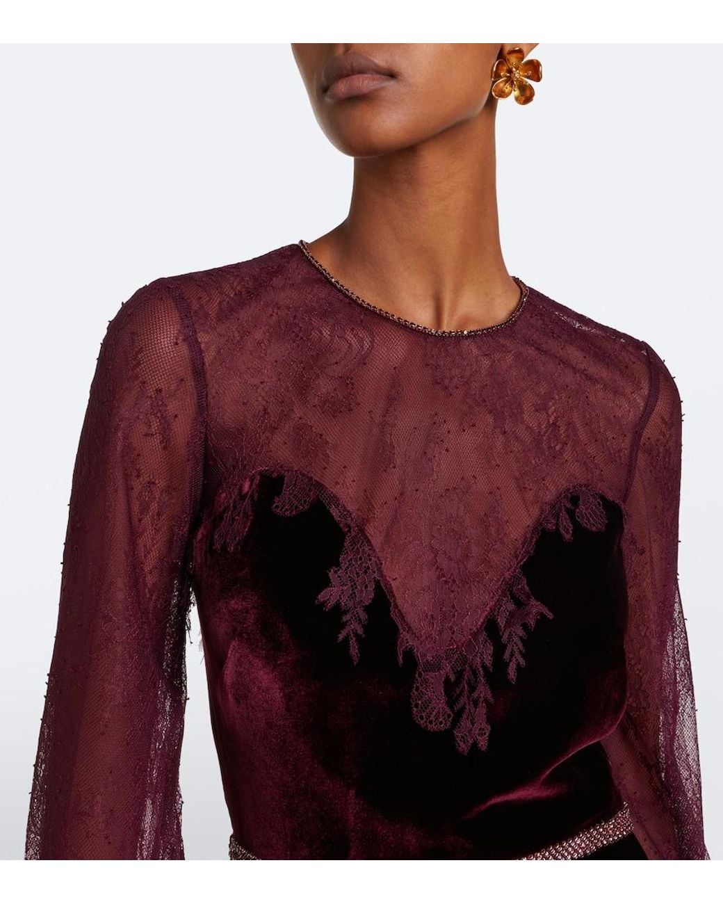 Costarellos Purple Embellished Lace-Trimmed Velvet Gown