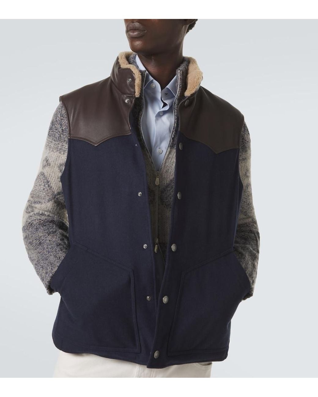 Brunello Cucinelli Blue Shearling-Trimmed Wool Vest for men