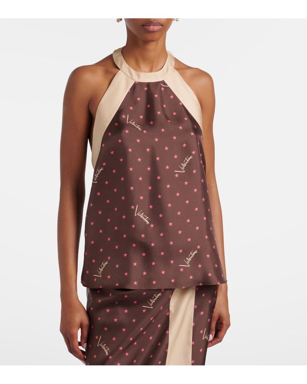 Valentino Garavani Brown Printed Halterneck Silk Twill Top