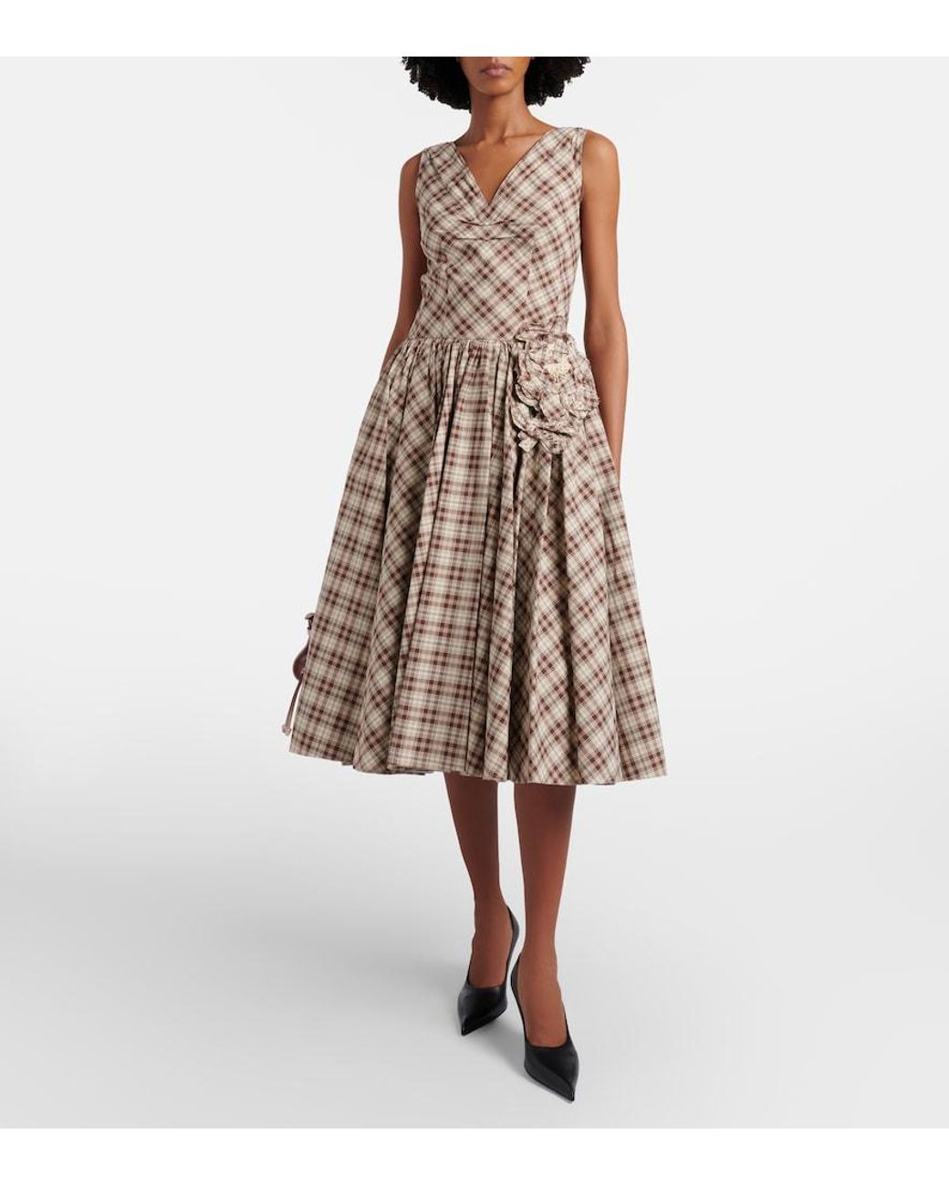 Prada Brown Checked Cotton Poplin Midi Dress