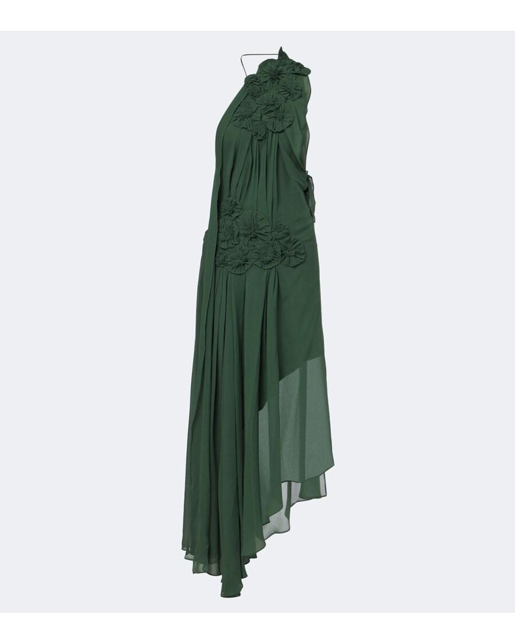 Victoria Beckham Green Floral-Applique One-Shoulder Silk Cocktail Dress