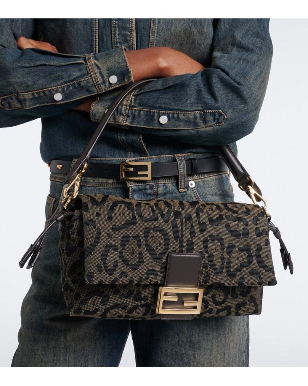 Fendi Black Baguette Soft Medium Jacquard Shoulder Bag