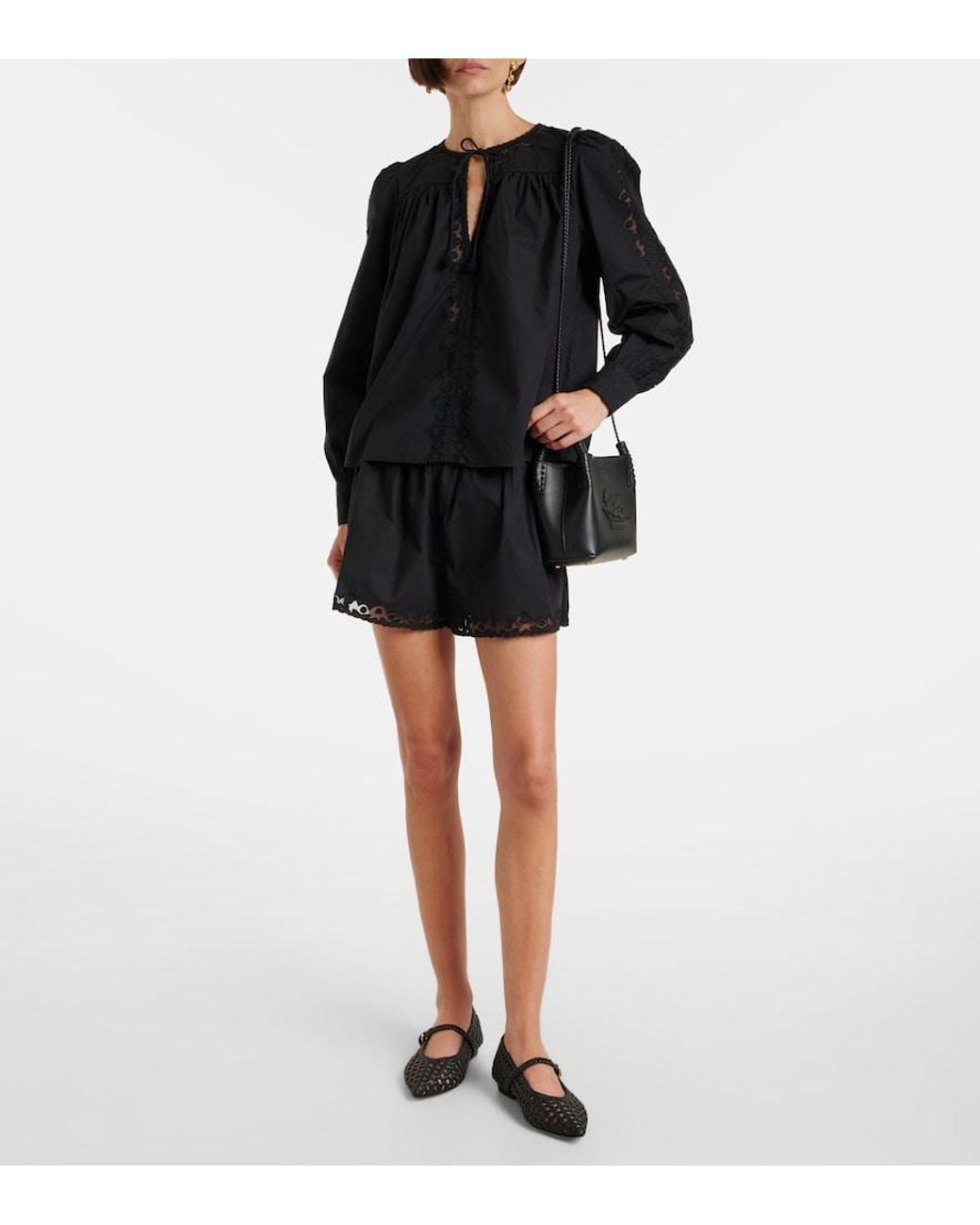 Ulla Johnson Black Kady Lace-Trimmed Cotton Blouse