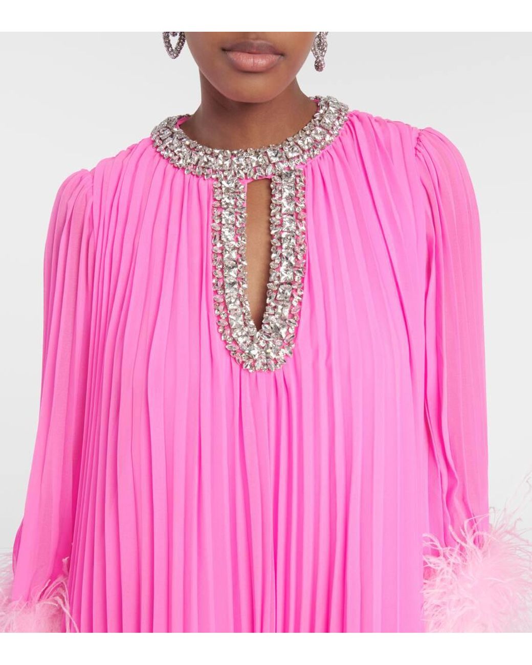 Self-Portrait Feather-Trimmed Chiffon Midi Dress in Pink
