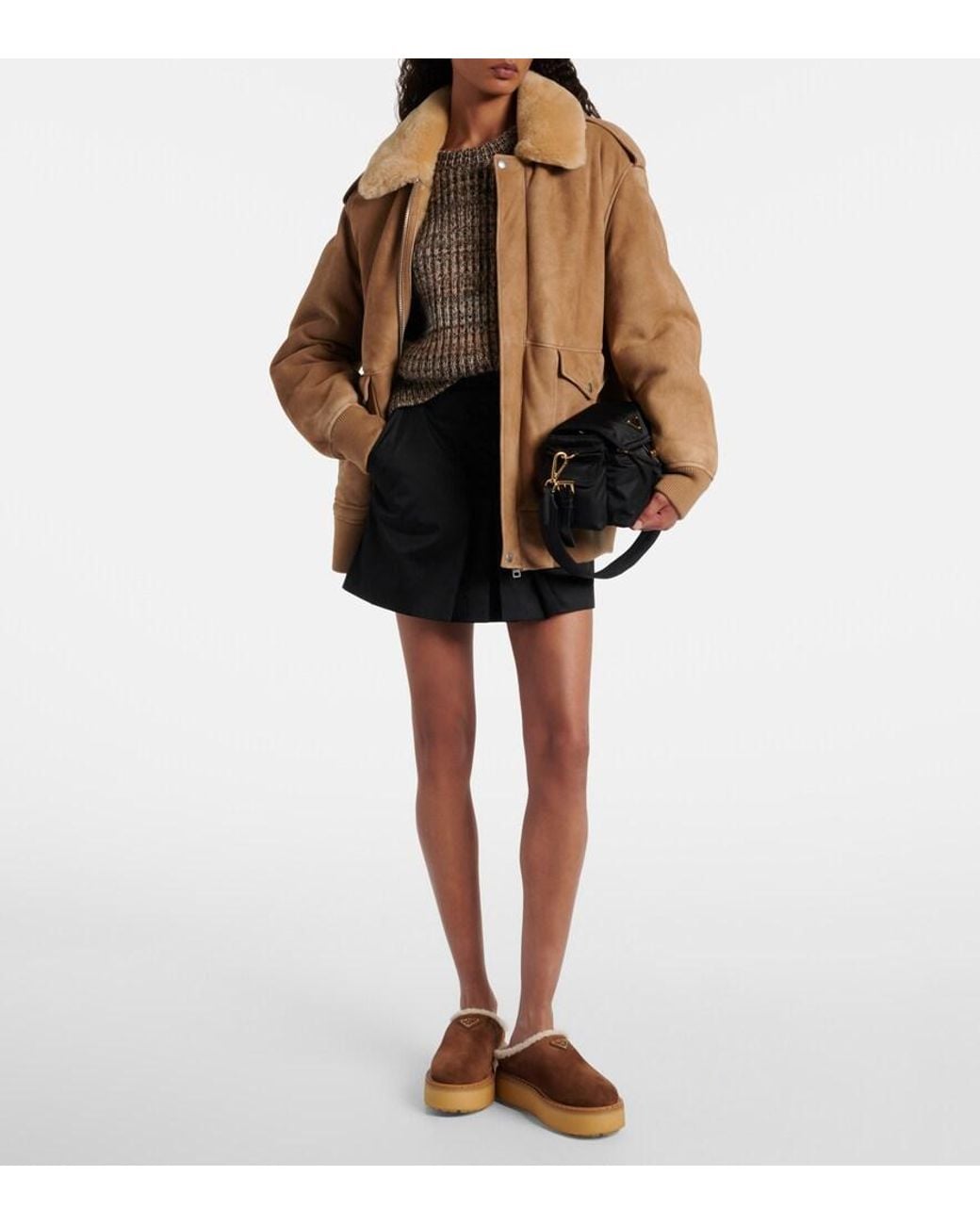 Prada Brown Evolve Shearling-Trimmed Suede Platform Mules