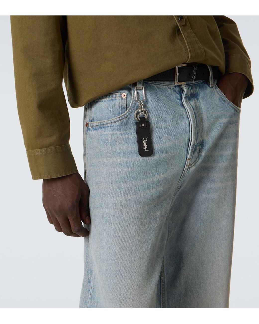 Saint Laurent White Cassandre Leather Keychain for men