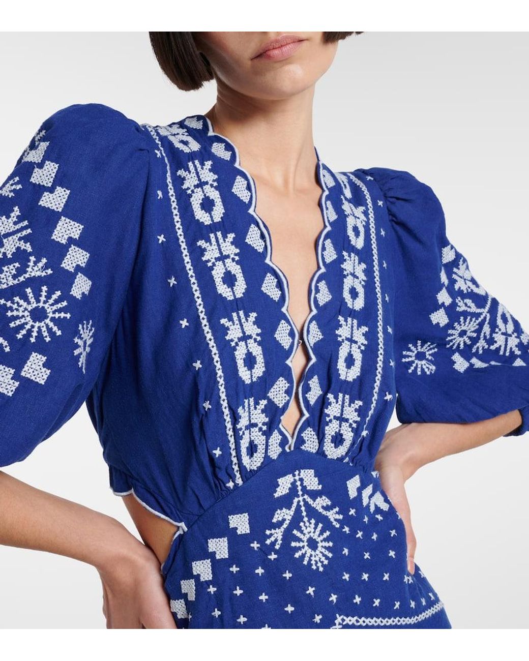 green emerald velvet dress Navy Blue Embroidered Cut-Out Midi Dress – FARM Rio main image 1